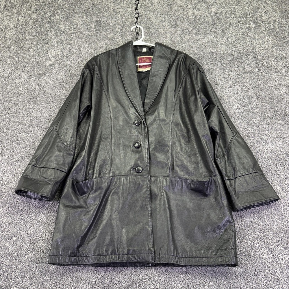 Lisa Loren Coat Womens Small Black Leather Button Front Midlength Lined Overcoat
